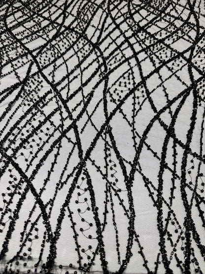 LL-1593, beaded black lace fabric with abstract wave design