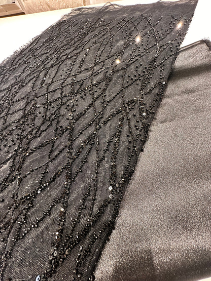 LL-1593, beaded black lace fabric with abstract wave design