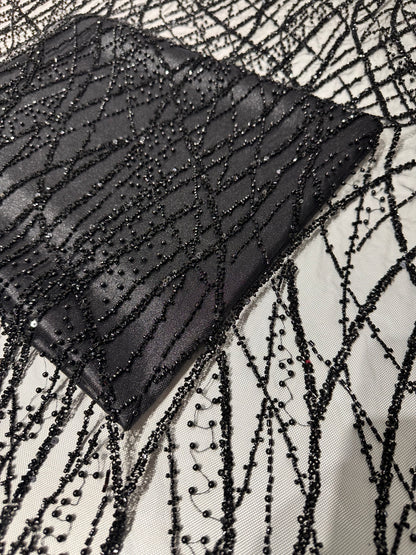 LL-1593, beaded black lace fabric with abstract wave design