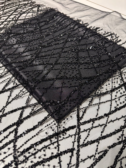 LL-1593, beaded black lace fabric with abstract wave design