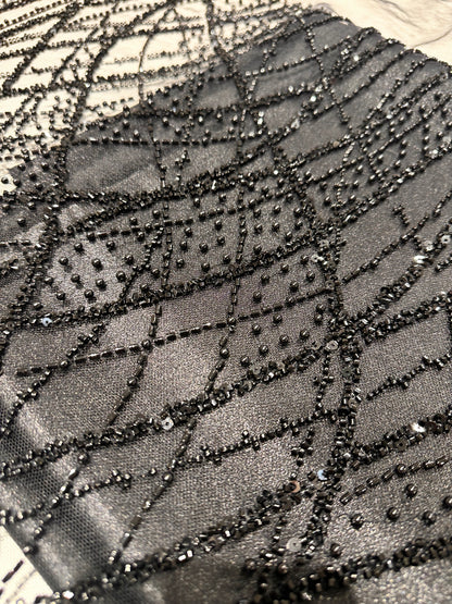 LL-1593, beaded black lace fabric with abstract wave design