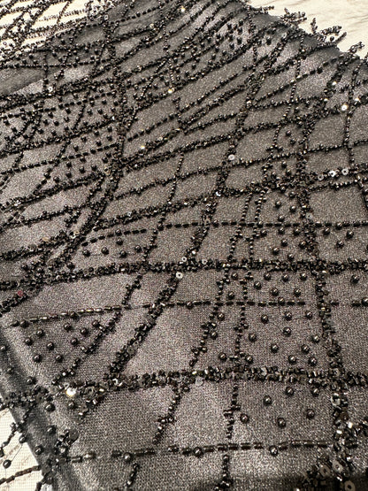 LL-1593, beaded black lace fabric with abstract wave design