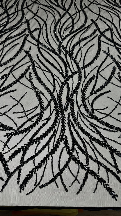 LL-1591, 3d black lace fabric with abstract wave design