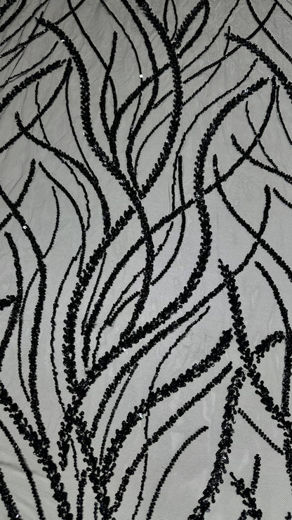 LL-1591, 3d black lace fabric with abstract wave design
