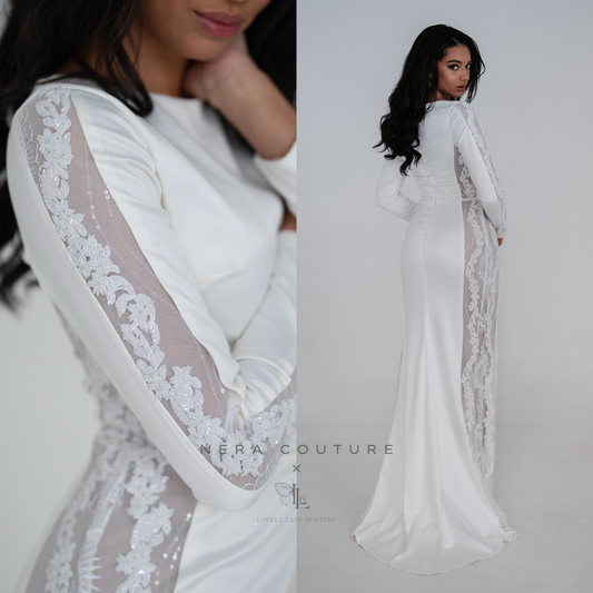 KIARA Dress - Elegant white bridal dress made of satin fabric combined with lace inserts on the side of the dress and on the sleeves.