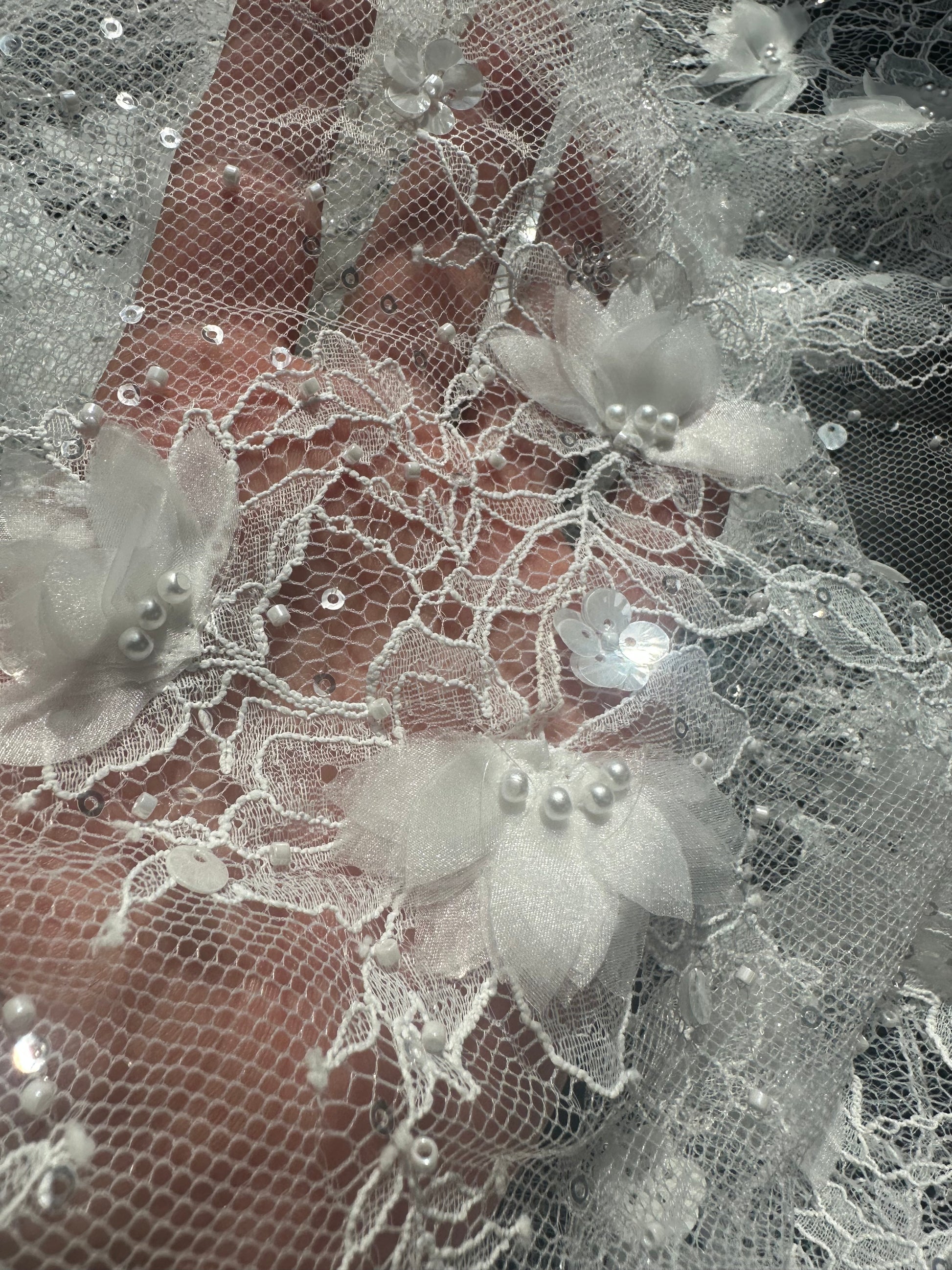 chantilly lace with 3d organze flowers and beads