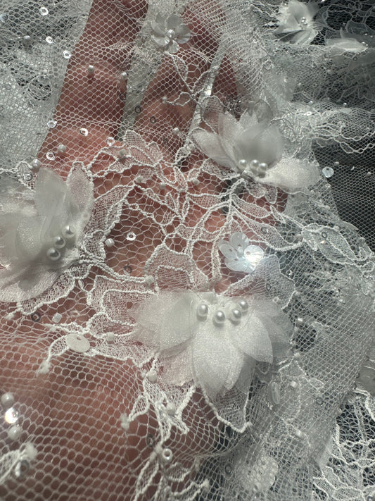 chantilly lace with 3d organze flowers and beads
