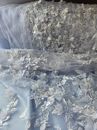 LL-1589, 3D Flower Lace Fabric in Bleu Color