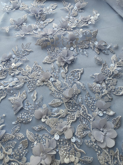 LL-1589, 3D Flower Lace Fabric in Bleu Color