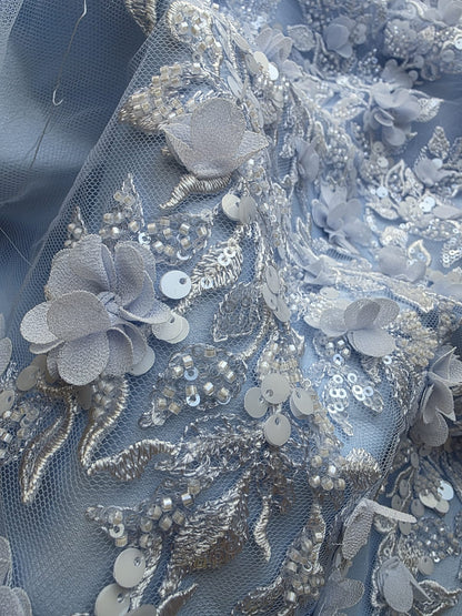 LL-1589, 3D Flower Lace Fabric in Bleu Color