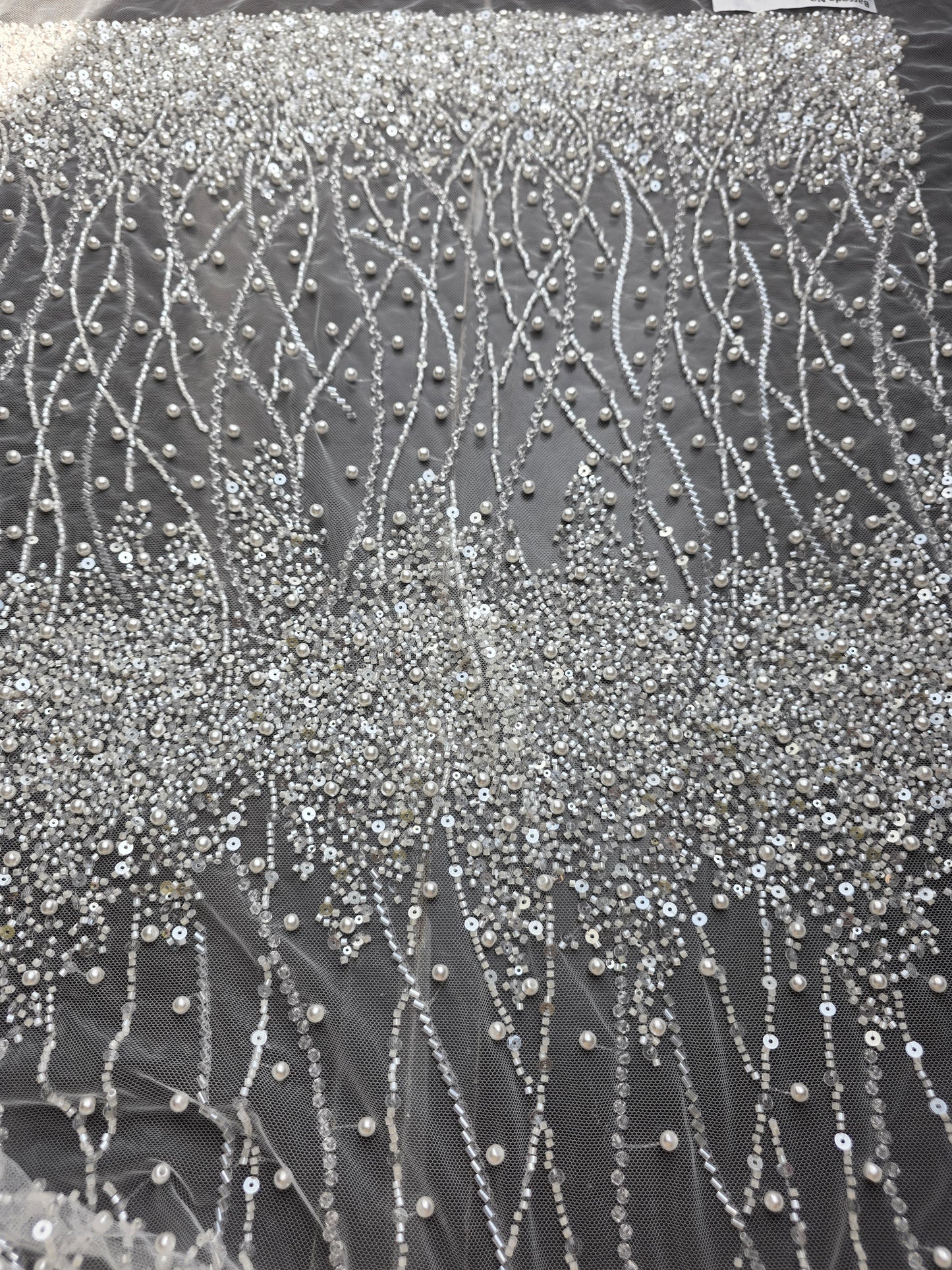 LL-1582, handmade lace fabric with beads in white color, starts at 0,5m