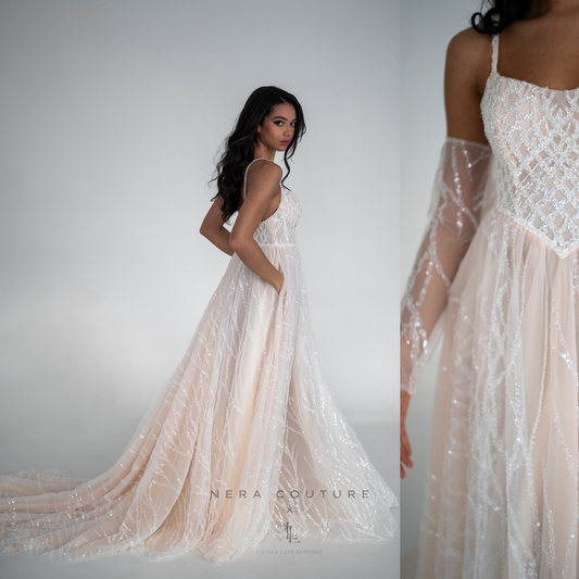 EMILY Dress - Unique a line weddingdress with long sleeves and wide skirt in champagne-pink / blush color