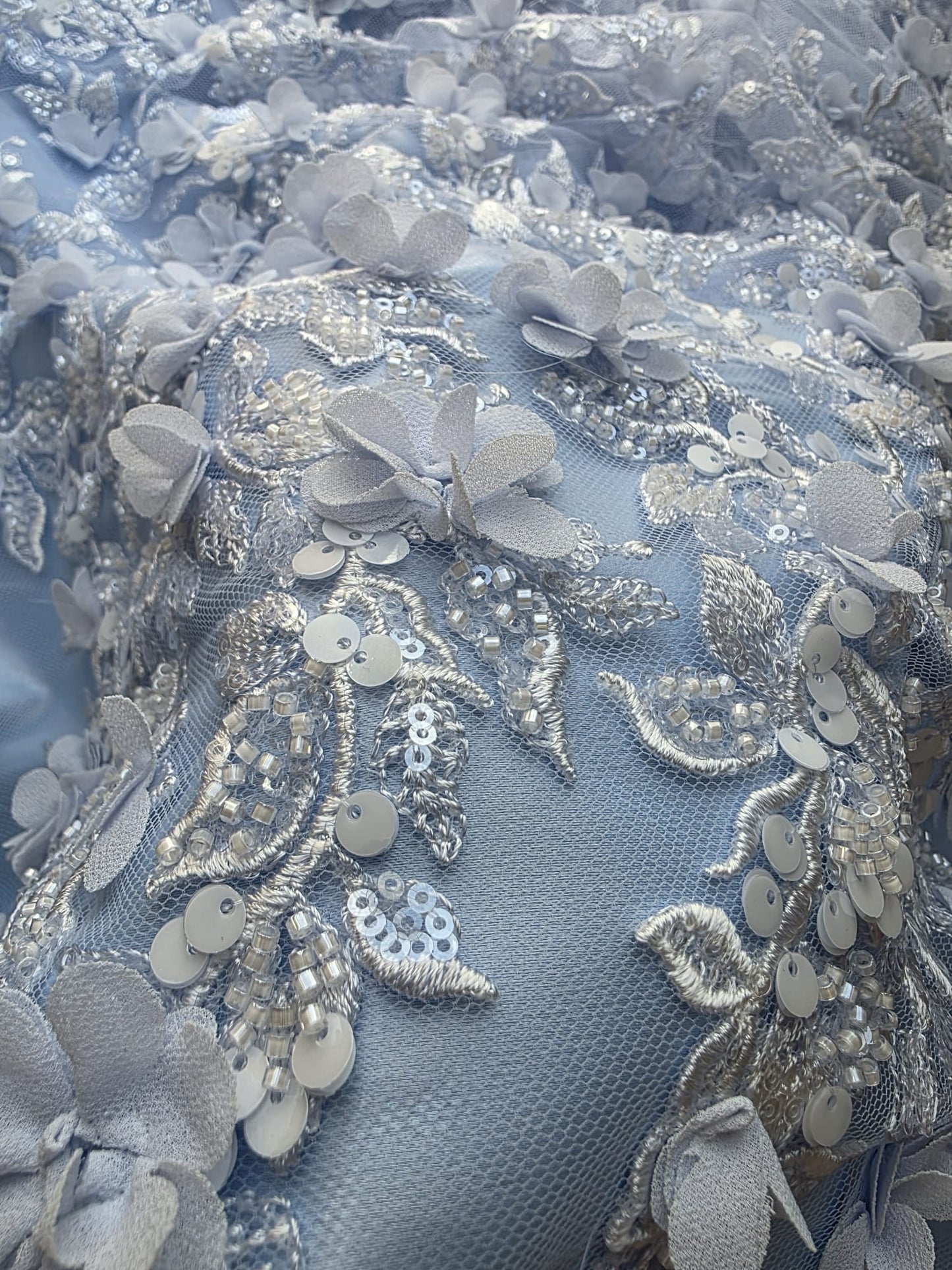 LL-1589, 3D Flower Lace Fabric in Bleu Color