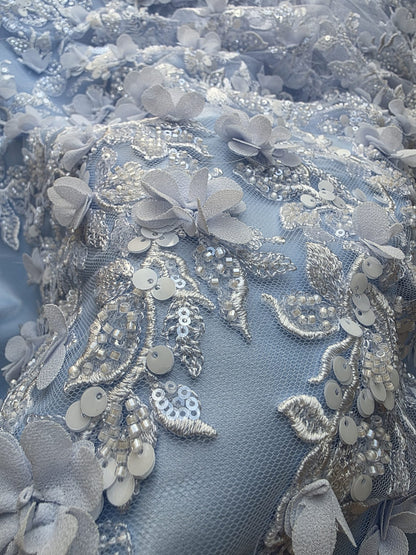 LL-1589, 3D Flower Lace Fabric in Bleu Color