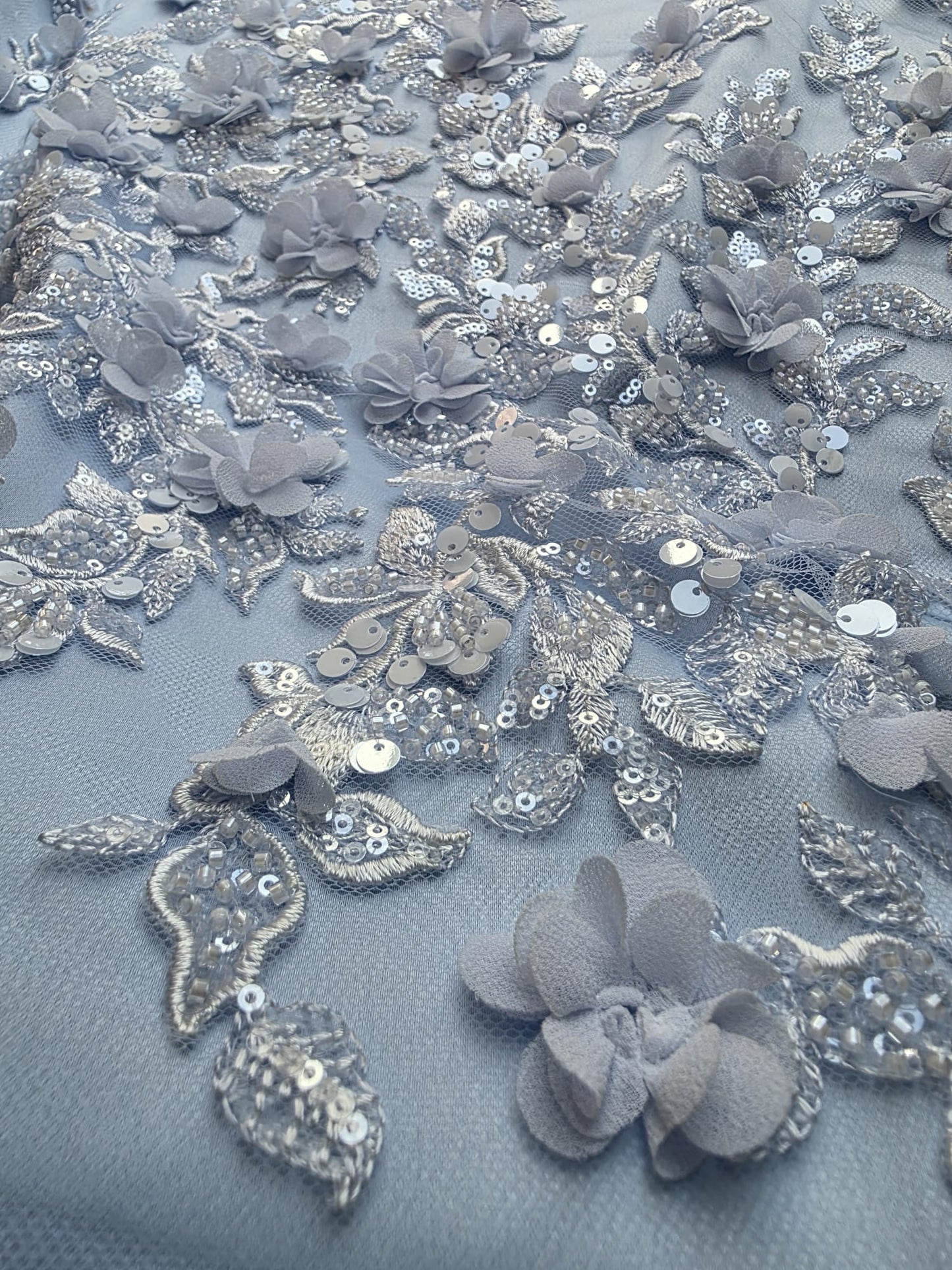 LL-1589, 3D Flower Lace Fabric in Bleu Color