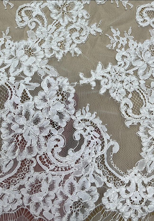 White Chantilly French Lace Fabric / Bridal Eyelash Cord Mesh Lace Fabric for Wedding Dress / Guipure Lace / LL-1595