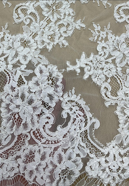White Chantilly French Lace Fabric / Bridal Eyelash Cord Mesh Lace Fabric for Wedding Dress / Guipure Lace / LL-1595