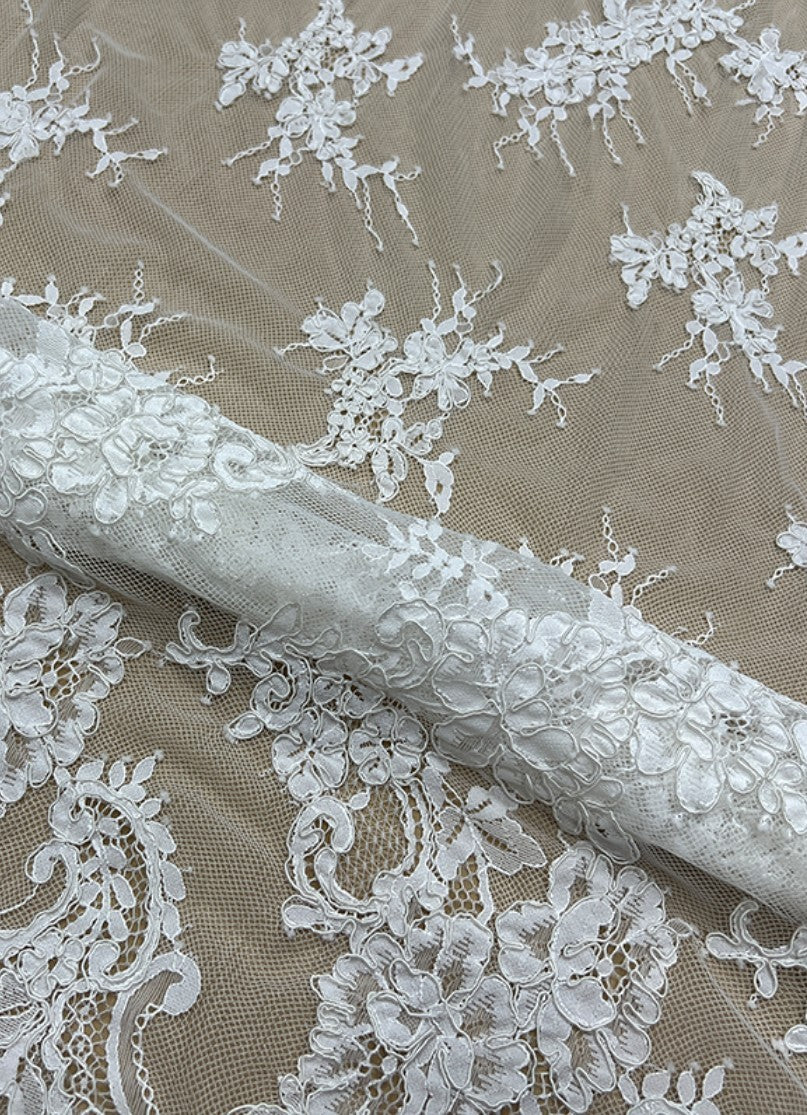 White Chantilly French Lace Fabric / Bridal Eyelash Cord Mesh Lace Fabric for Wedding Dress / Guipure Lace / LL-1595
