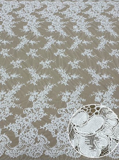 White Chantilly French Lace Fabric / Bridal Eyelash Cord Mesh Lace Fabric for Wedding Dress / Guipure Lace / LL-1595