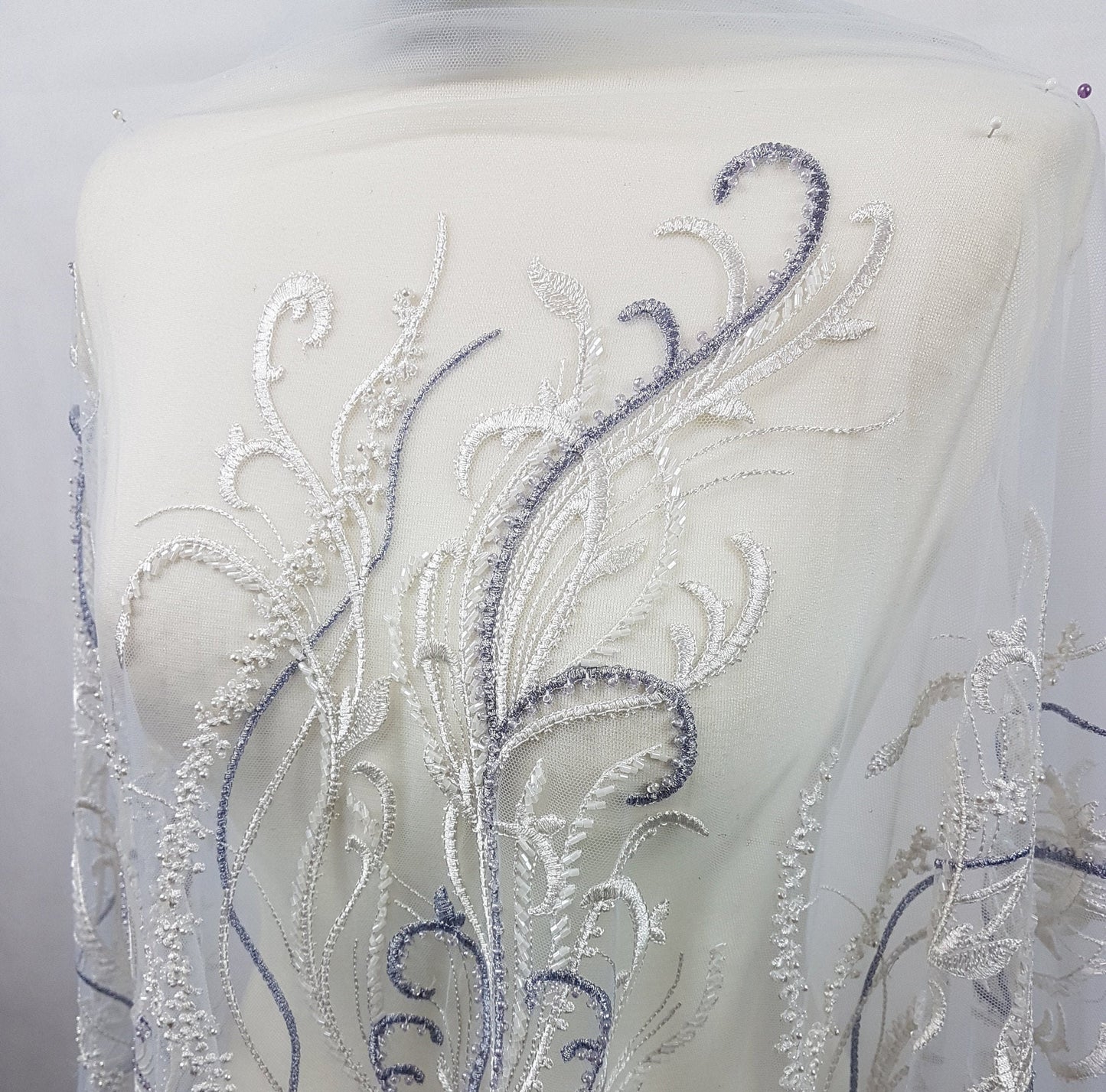 Beautiful lace fabric with beads,wedding lace in white with lilac, stripe lace fabric, bridal lace, evening dress fabric LL-1135