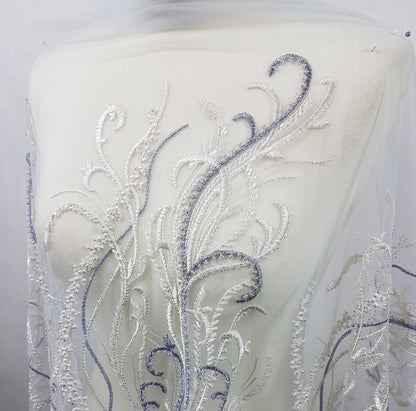 Beautiful lace fabric with beads,wedding lace in white with lilac, stripe lace fabric, bridal lace, evening dress fabric LL-1135