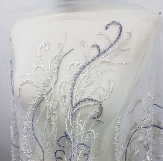Beautiful lace fabric with beads,wedding lace in white with lilac, stripe lace fabric, bridal lace, evening dress fabric LL-1135