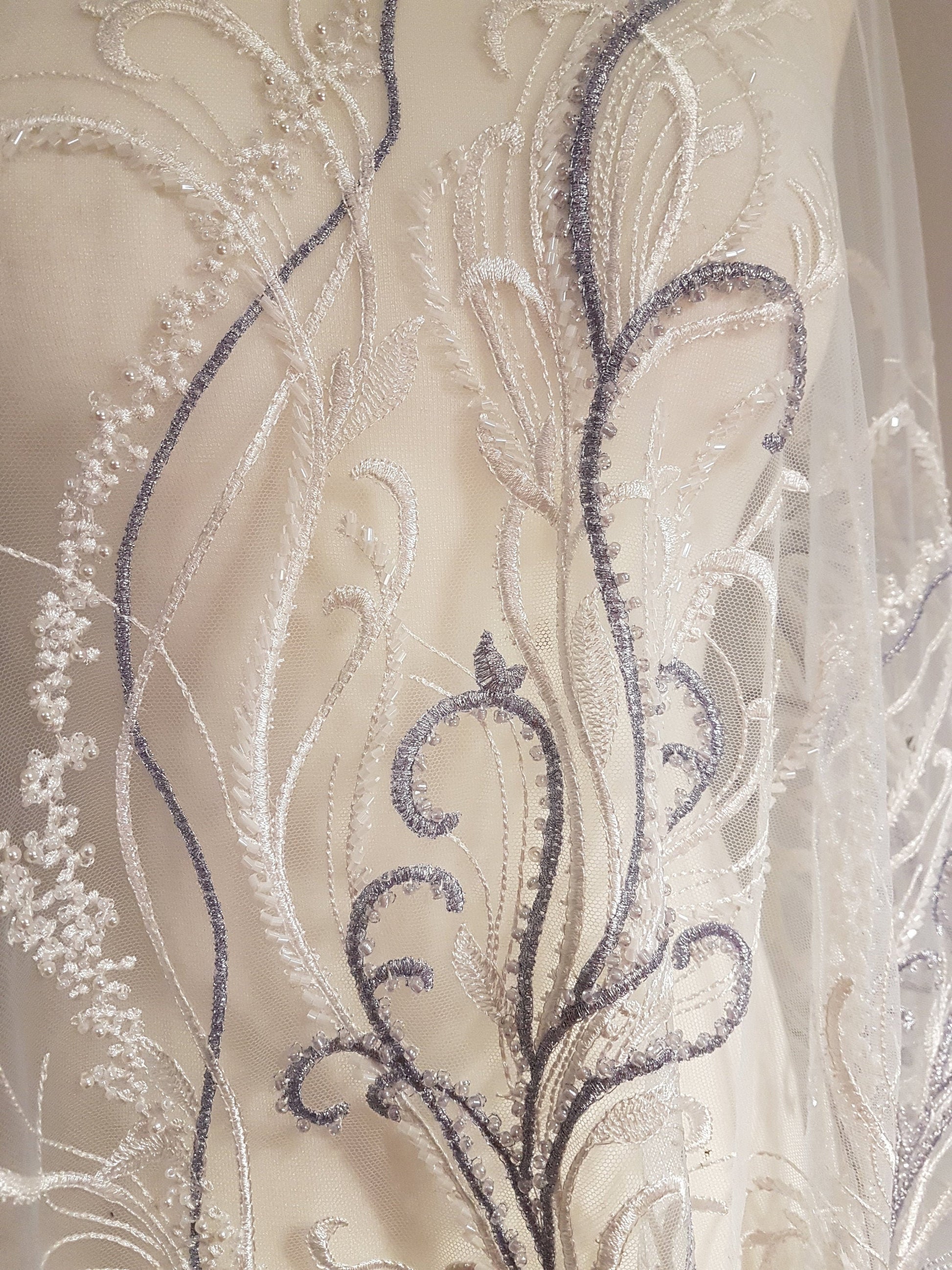 Beautiful lace fabric with beads,wedding lace in white with lilac, stripe lace fabric, bridal lace, evening dress fabric LL-1135