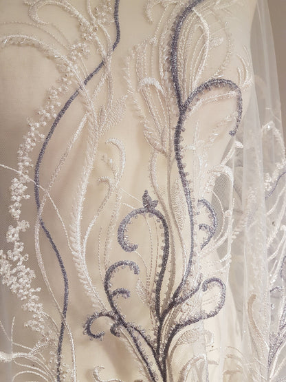 Beautiful lace fabric with beads,wedding lace in white with lilac, stripe lace fabric, bridal lace, evening dress fabric LL-1135