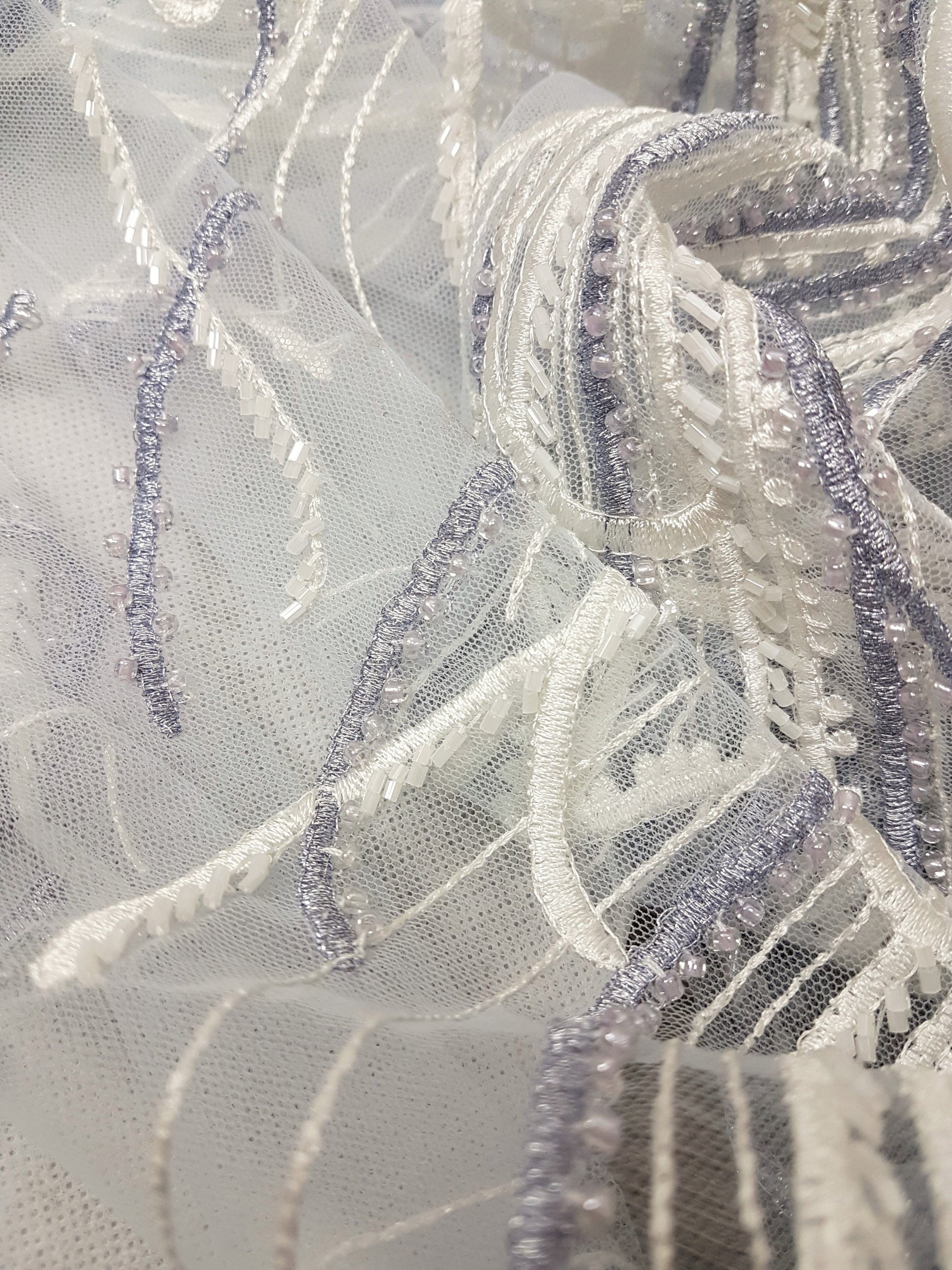 Beautiful lace fabric with beads,wedding lace in white with lilac, stripe lace fabric, bridal lace, evening dress fabric LL-1135