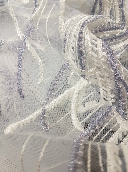 Beautiful lace fabric with beads,wedding lace in white with lilac, stripe lace fabric, bridal lace, evening dress fabric LL-1135