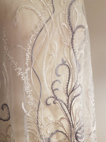 Beautiful lace fabric with beads,wedding lace in white with lilac, stripe lace fabric, bridal lace, evening dress fabric LL-1135