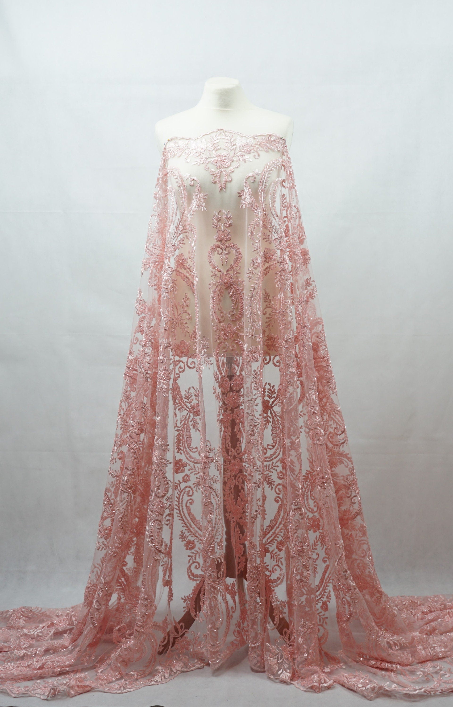 Schöne rose Spitze Stoff, Braut Spitze Stoff, bestickte Spitze, Hochzeit Spitze, Spitze Stoff in rosé, Blume Spitze mit Ornamenten LL-1129
