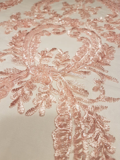 Schöne rose Spitze Stoff, Braut Spitze Stoff, bestickte Spitze, Hochzeit Spitze, Spitze Stoff in rosé, Blume Spitze mit Ornamenten LL-1129