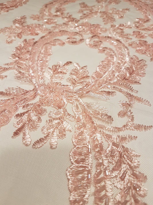 Schöne rose Spitze Stoff, Braut Spitze Stoff, bestickte Spitze, Hochzeit Spitze, Spitze Stoff in rosé, Blume Spitze mit Ornamenten LL-1129