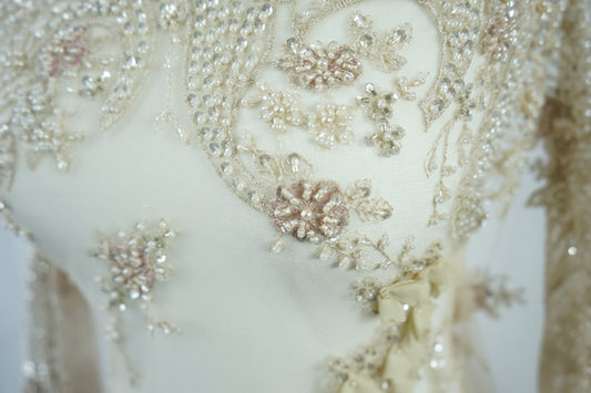 3D-Handbeaded Flower lace fabric with sequins in beige, couture lace, bridal lace, evening dress fabric,embroidery fabric, Net lace LL-1136