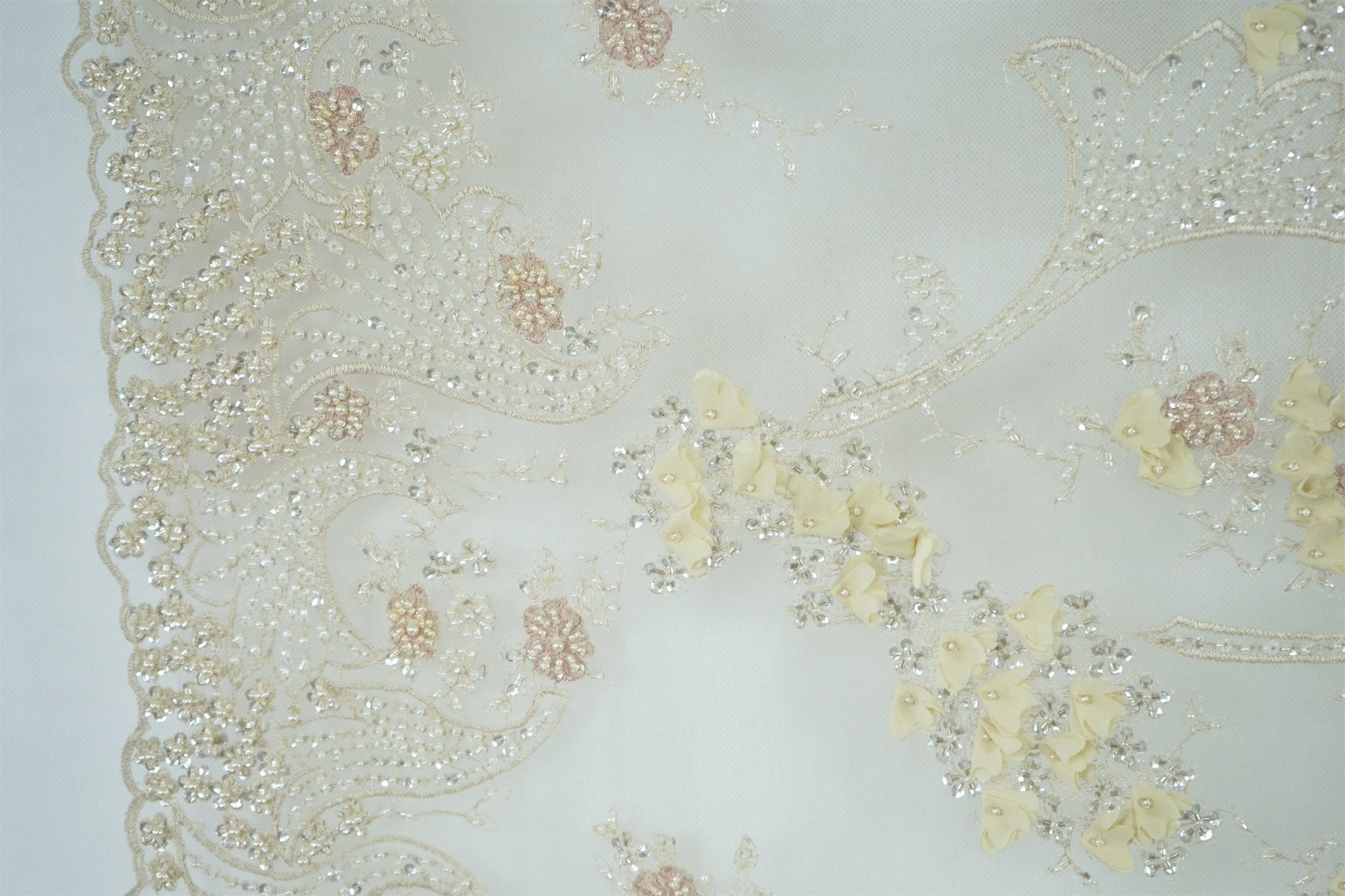 3D-Handbeaded Flower lace fabric with sequins in beige, couture lace, bridal lace, evening dress fabric,embroidery fabric, Net lace LL-1136
