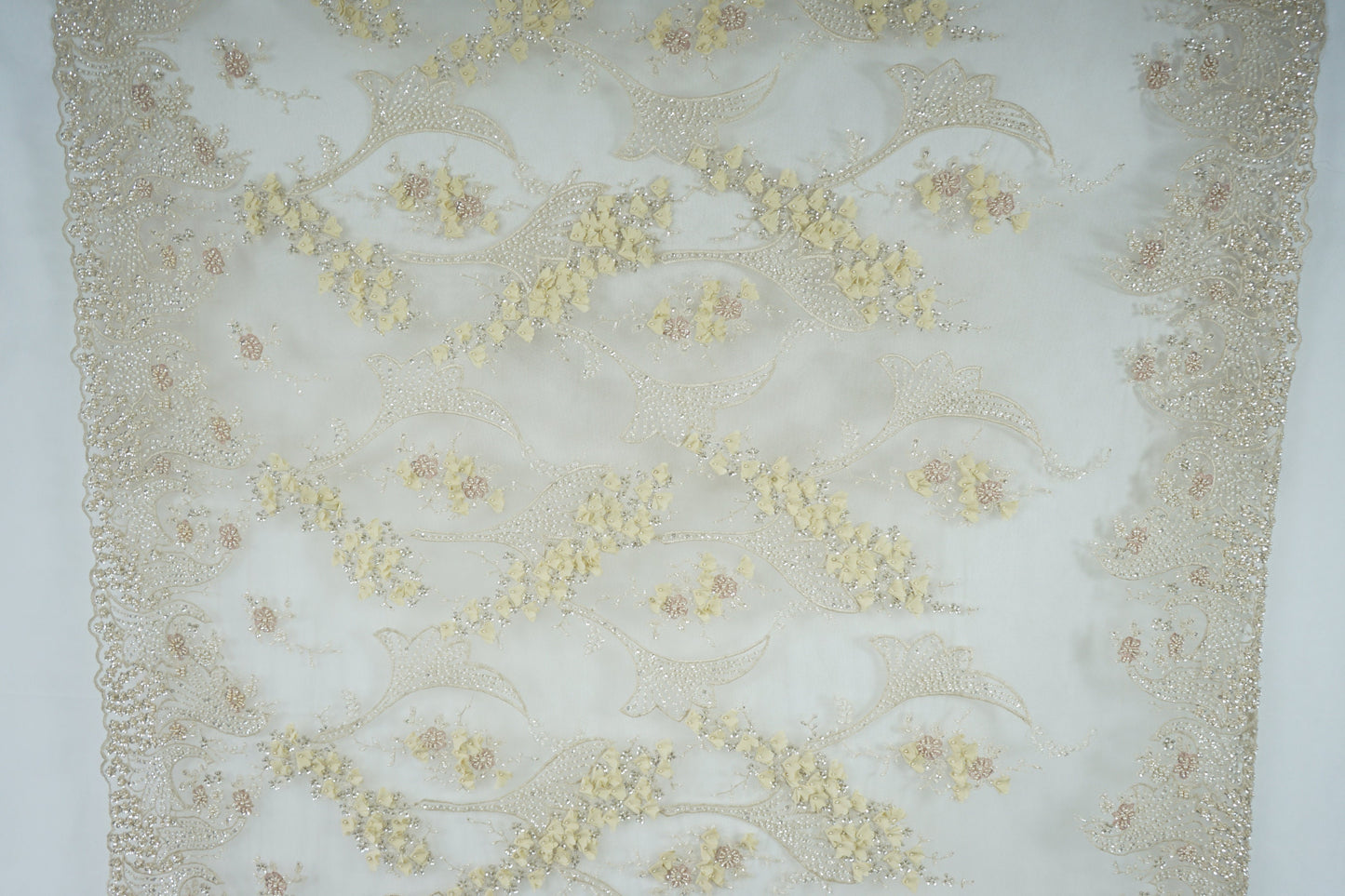 3D-Handbeaded Flower lace fabric with sequins in beige, couture lace, bridal lace, evening dress fabric,embroidery fabric, Net lace LL-1136