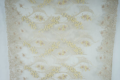 3D-Handbeaded Flower lace fabric with sequins in beige, couture lace, bridal lace, evening dress fabric,embroidery fabric, Net lace LL-1136