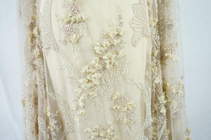 3D-Handbeaded Flower lace fabric with sequins in beige, couture lace, bridal lace, evening dress fabric,embroidery fabric, Net lace LL-1136