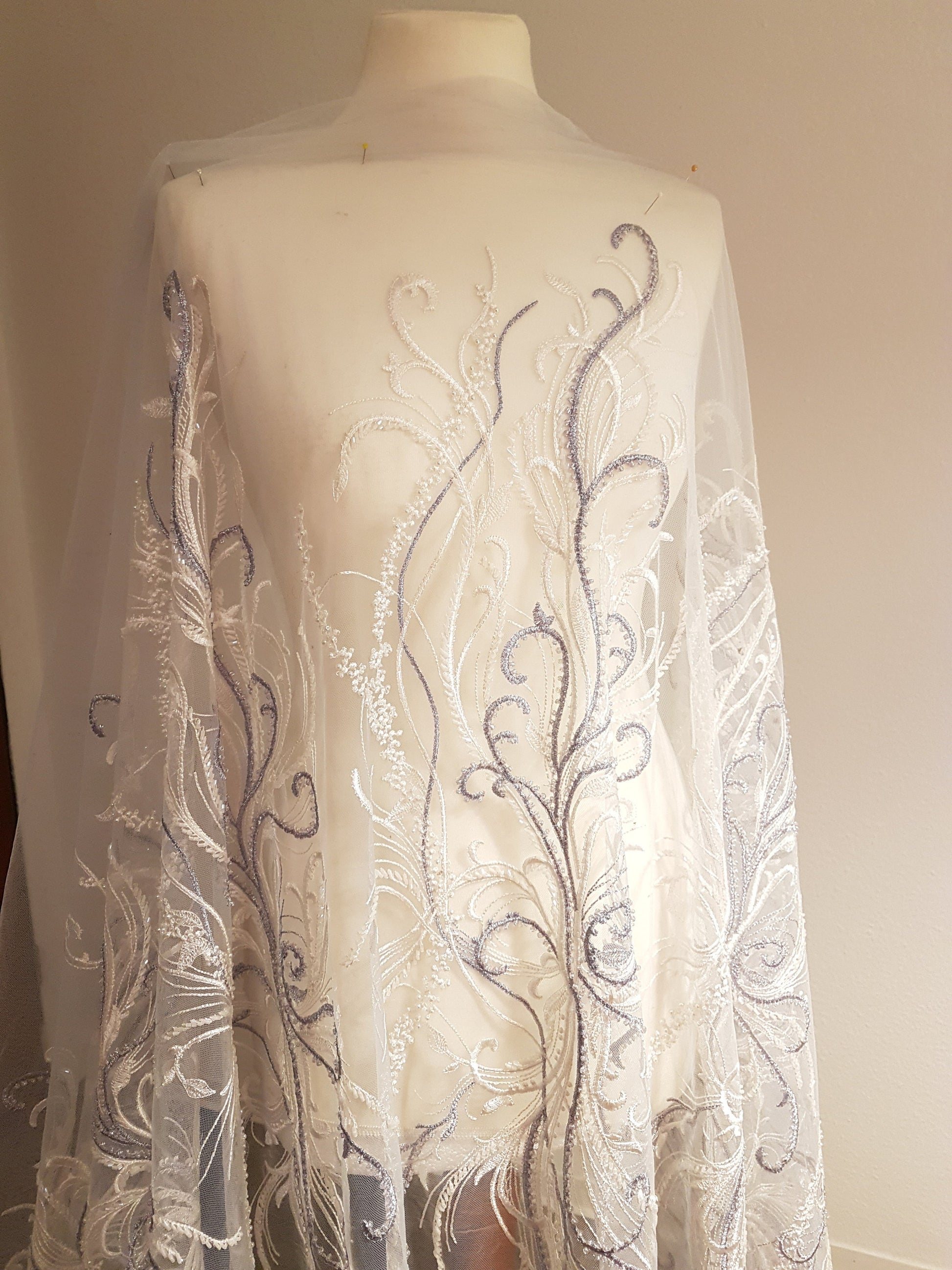 Beautiful lace fabric with beads,wedding lace in white with lilac, stripe lace fabric, bridal lace, evening dress fabric LL-1135