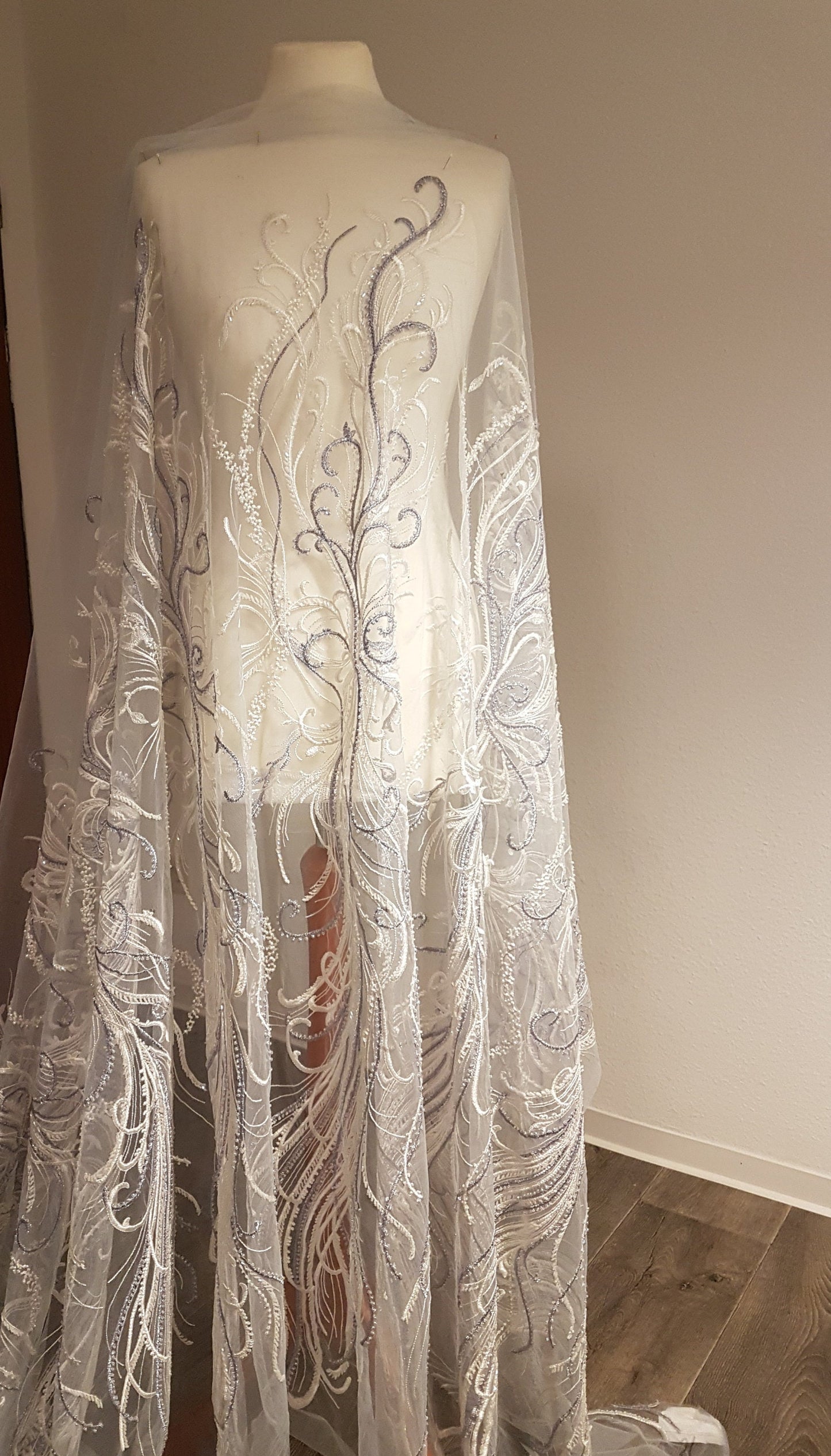 Beautiful lace fabric with beads,wedding lace in white with lilac, stripe lace fabric, bridal lace, evening dress fabric LL-1135