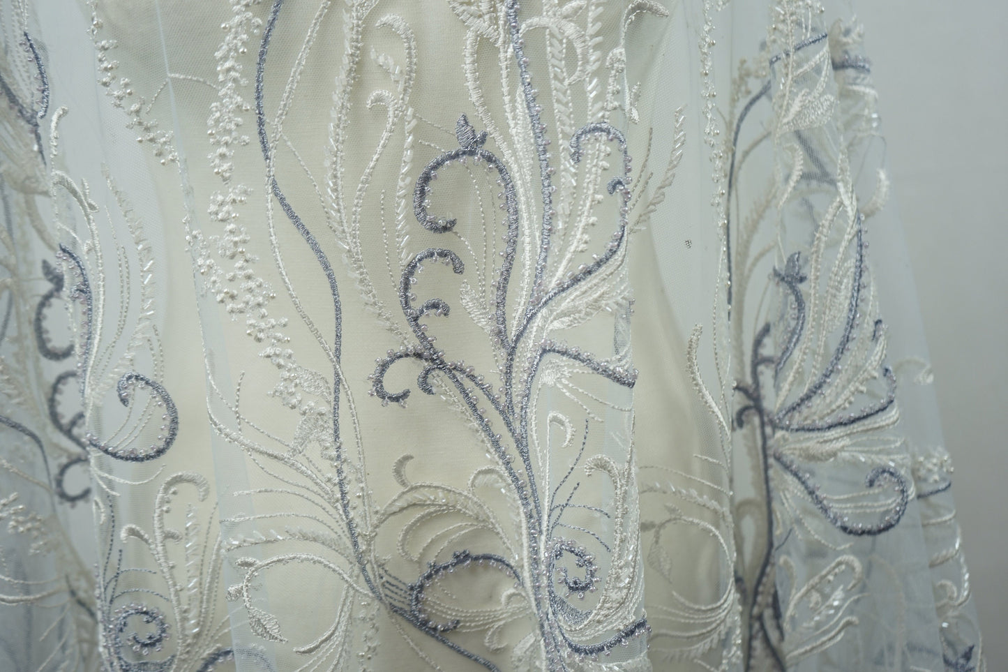 Beautiful lace fabric with beads,wedding lace in white with lilac, stripe lace fabric, bridal lace, evening dress fabric LL-1135