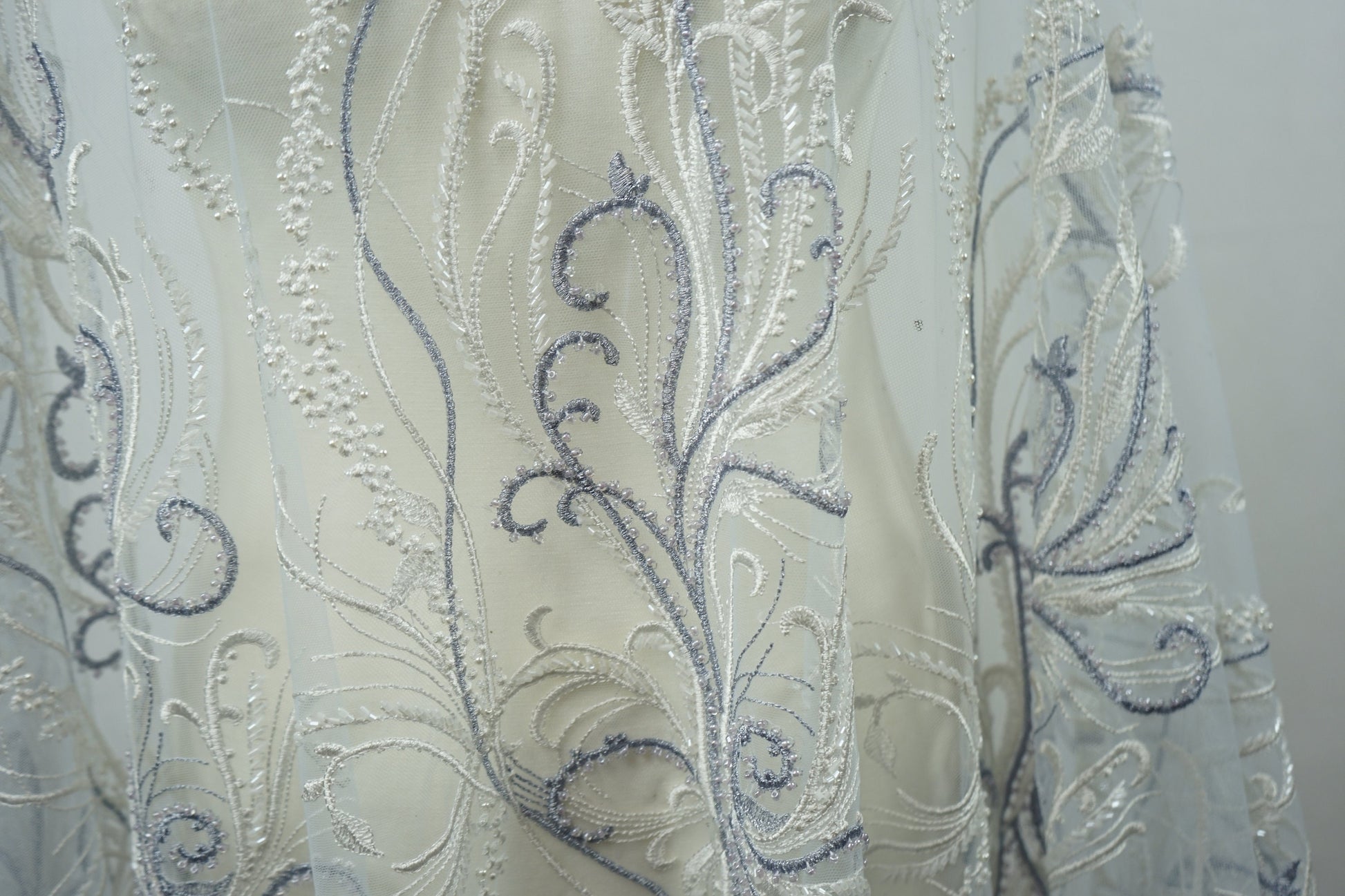 Beautiful lace fabric with beads,wedding lace in white with lilac, stripe lace fabric, bridal lace, evening dress fabric LL-1135