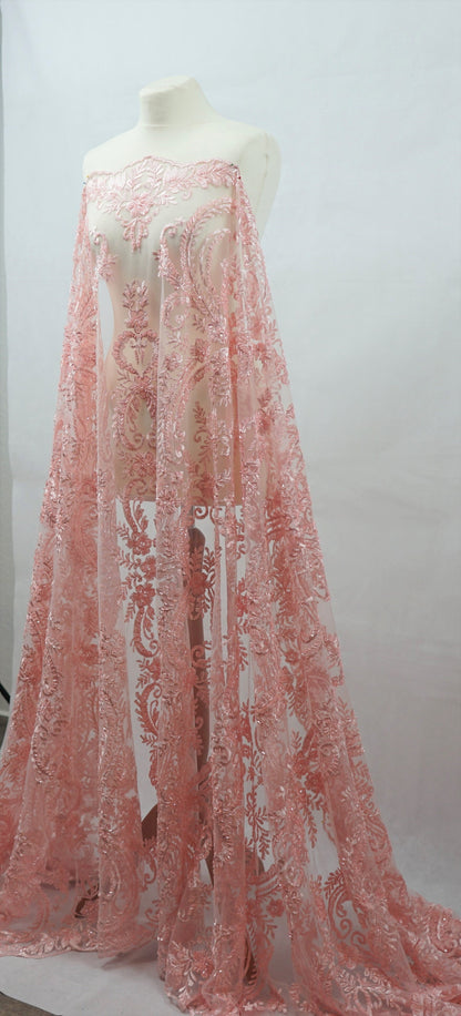 Schöne rose Spitze Stoff, Braut Spitze Stoff, bestickte Spitze, Hochzeit Spitze, Spitze Stoff in rosé, Blume Spitze mit Ornamenten LL-1129