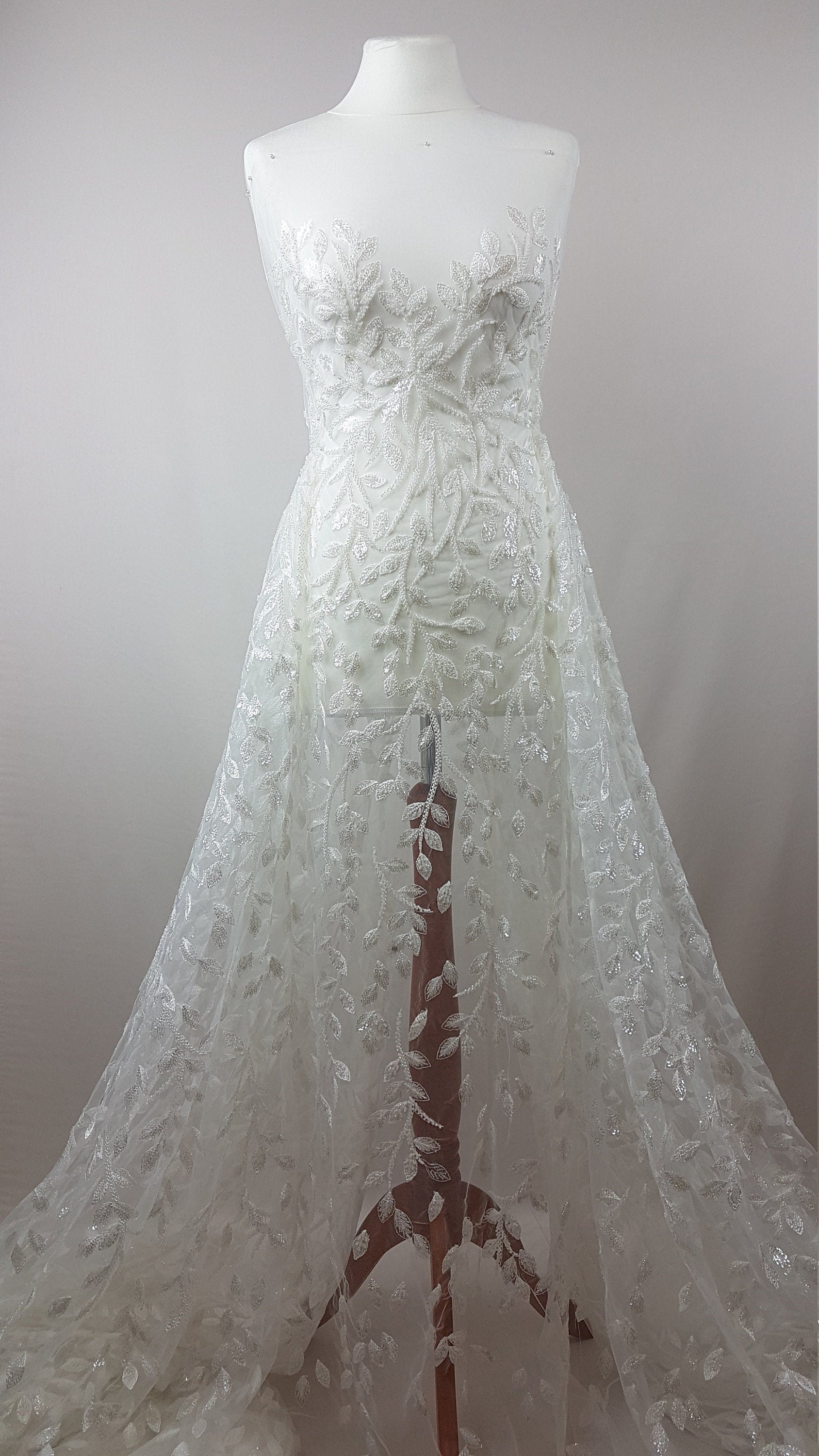 Beautiful white lace fabric with leaf design and transparent sequins, wedding lace, bridal lace, embellished tulle fabric LL-1101