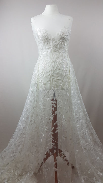 Beautiful white lace fabric with leaf design and transparent sequins, wedding lace, bridal lace, embellished tulle fabric LL-1101