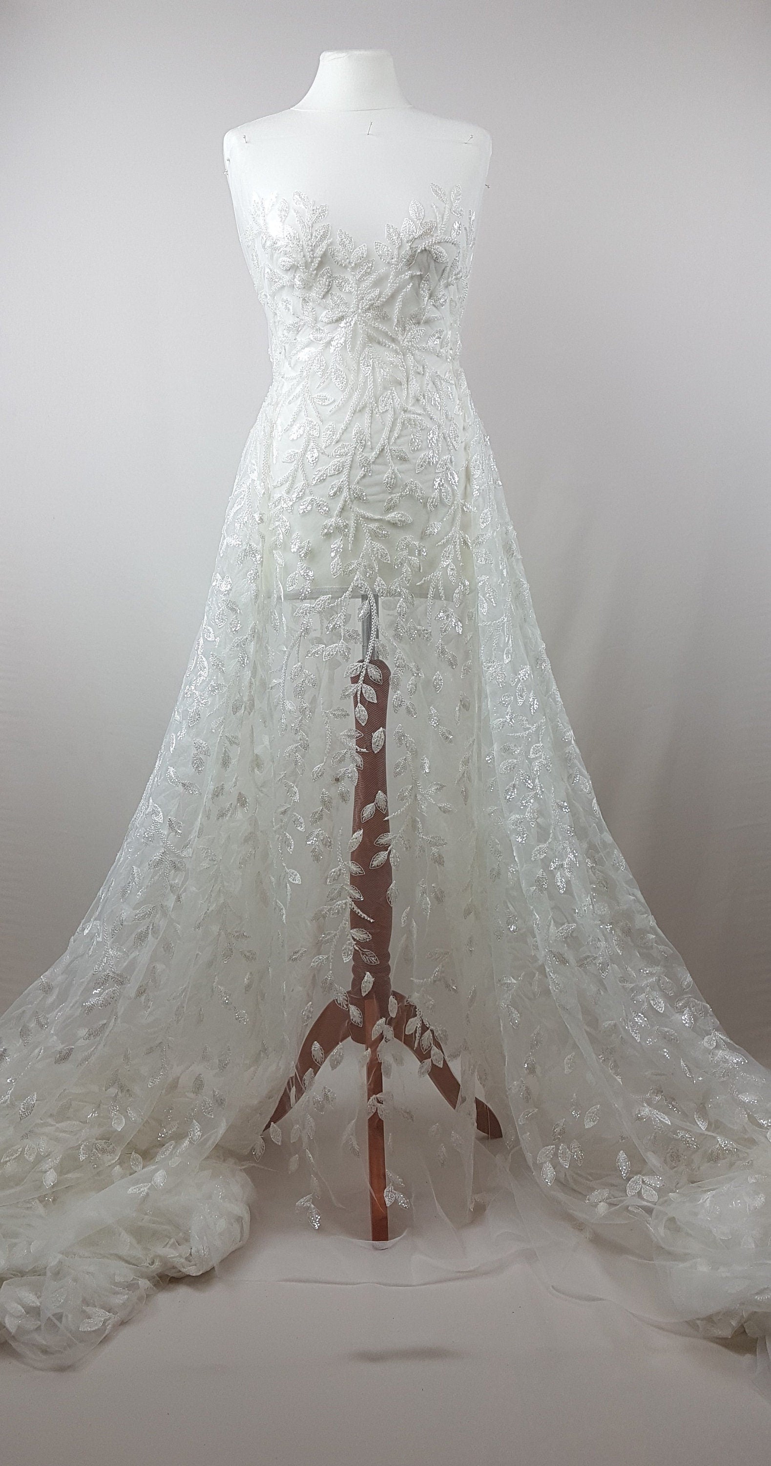 Beautiful white lace fabric with leaf design and transparent sequins, wedding lace, bridal lace, embellished tulle fabric LL-1101