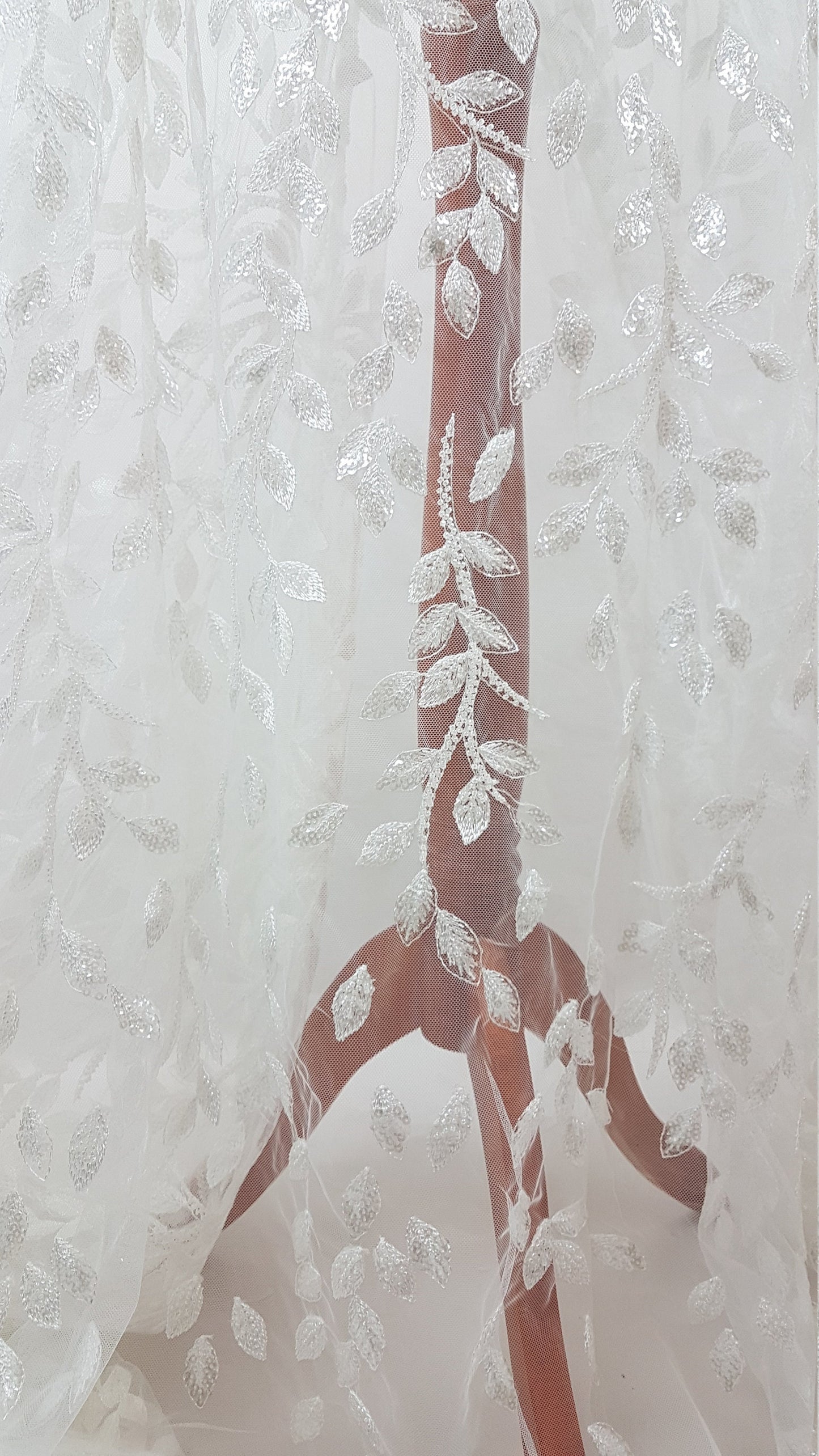 Beautiful white lace fabric with leaf design and transparent sequins, wedding lace, bridal lace, embellished tulle fabric LL-1101