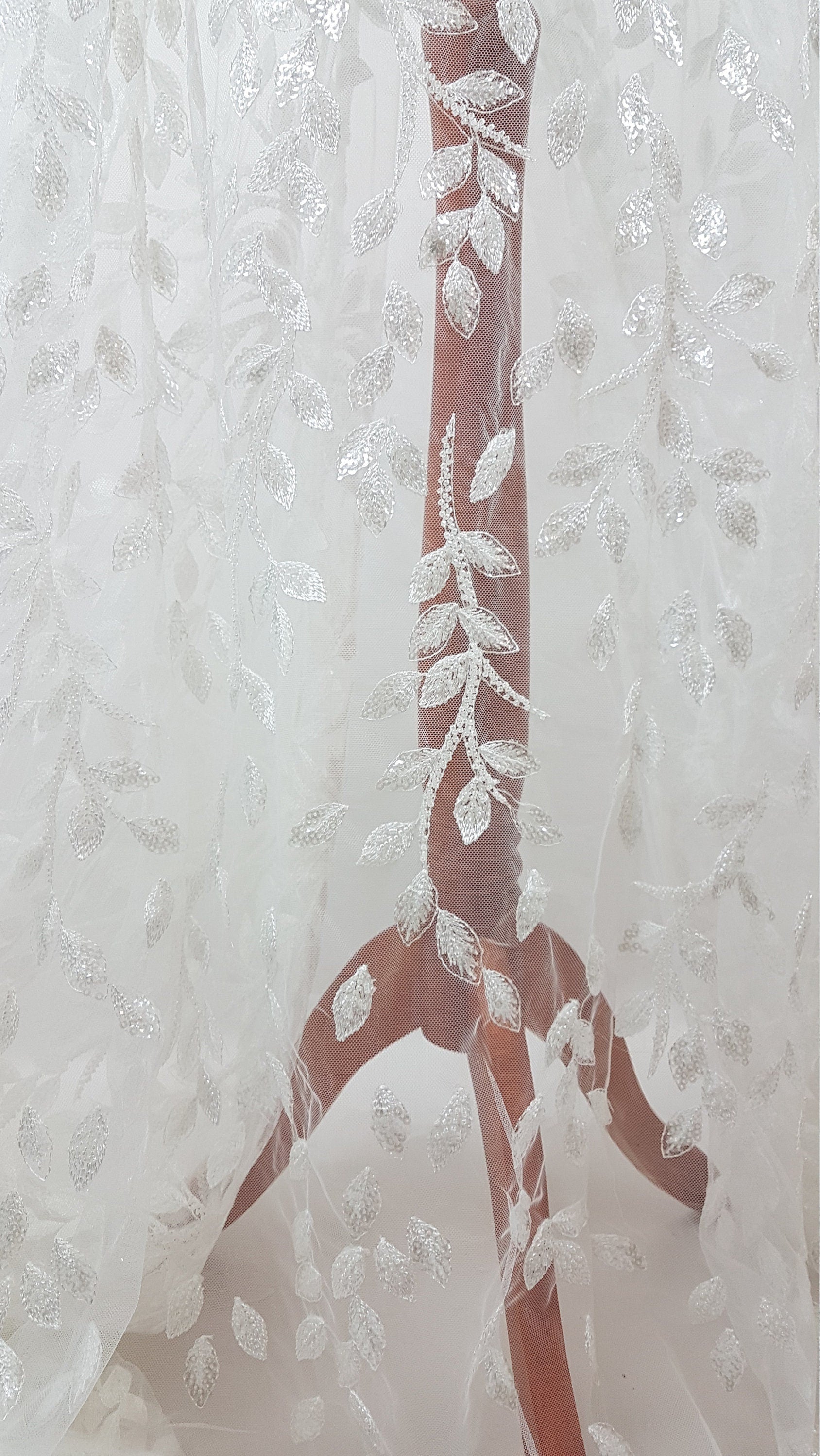 Beautiful white lace fabric with leaf design and transparent sequins, wedding lace, bridal lace, embellished tulle fabric LL-1101