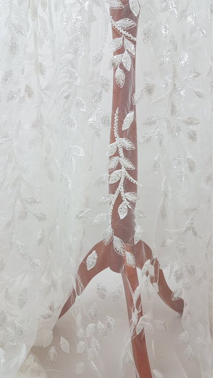 Beautiful white lace fabric with leaf design and transparent sequins, wedding lace, bridal lace, embellished tulle fabric LL-1101